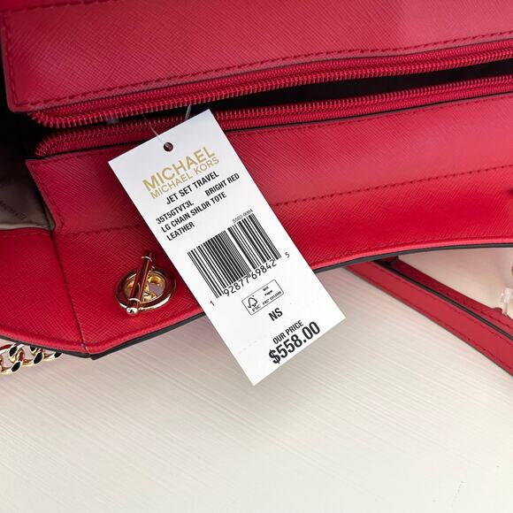 Michael Kors Purse jet set travel large chain tote shoulder bag bright red  MK - Picture 8 of 9